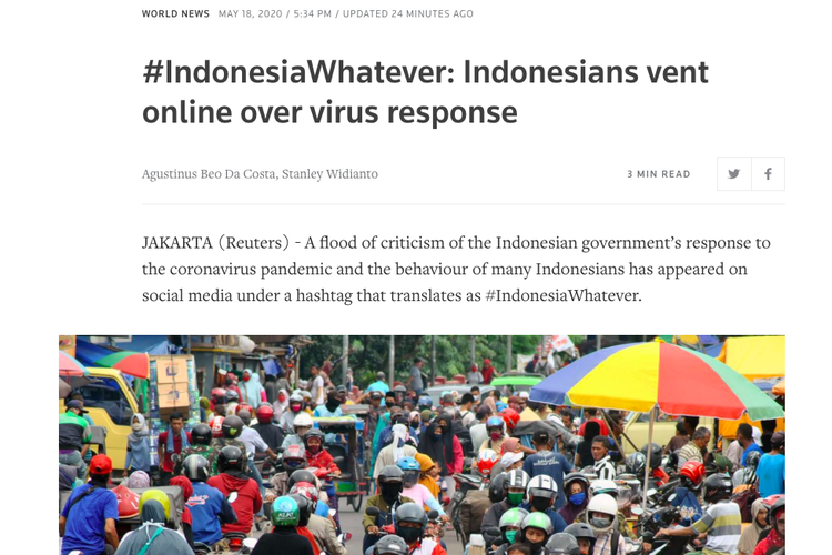Media asing Reuters ikut memberitakan tentang viralnya tagar Indonesia Terserah beberapa waktu terakhir