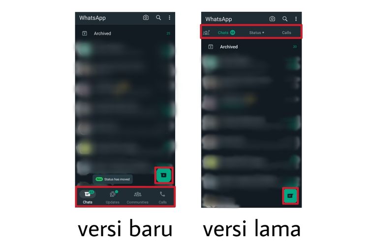 Perbandingan tampilan baru WhatsApp (kiri) dan tampilan lawas WhatsApp (kanan) di mode gelap.
