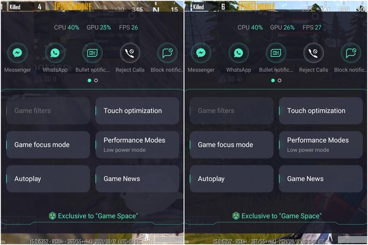PUBG Mobile di Oppo Reno6 dalam mode performa Low Power Mode.