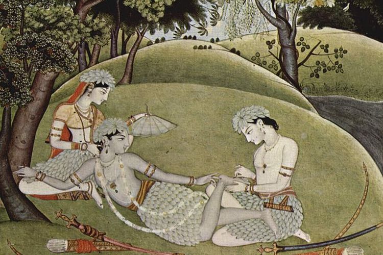 Ilustrasi cerita Kitab Ramayana ketika Rama, Sita dan Lakshmana diasingkan ke hutan.