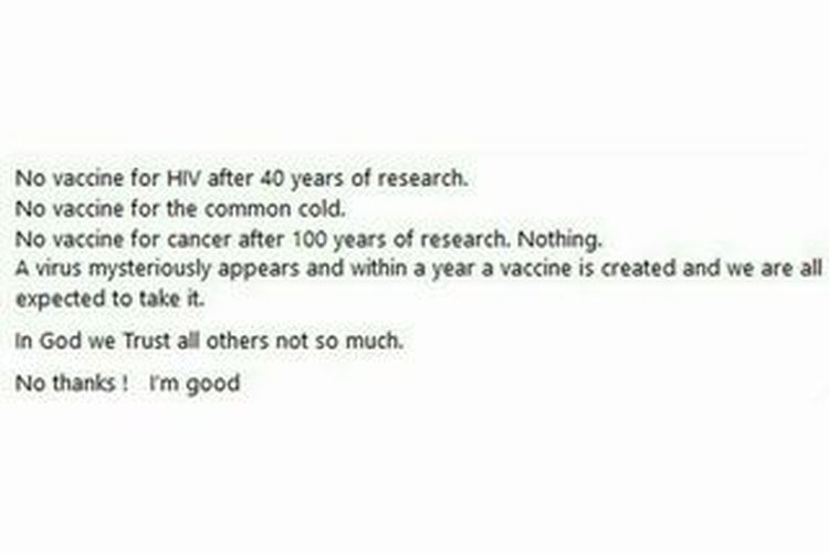 Status Facebook keliru soal perbandingan antara temuan vaksin Covid-19, HIV, kanker, dan flu biasa.