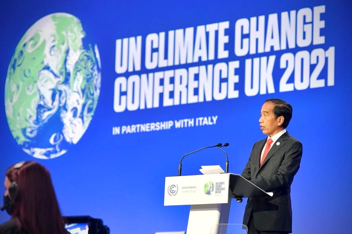 Presiden Joko Widodo saat berpidato di acara COP26 hari Senin kemarin di Glasgow. 