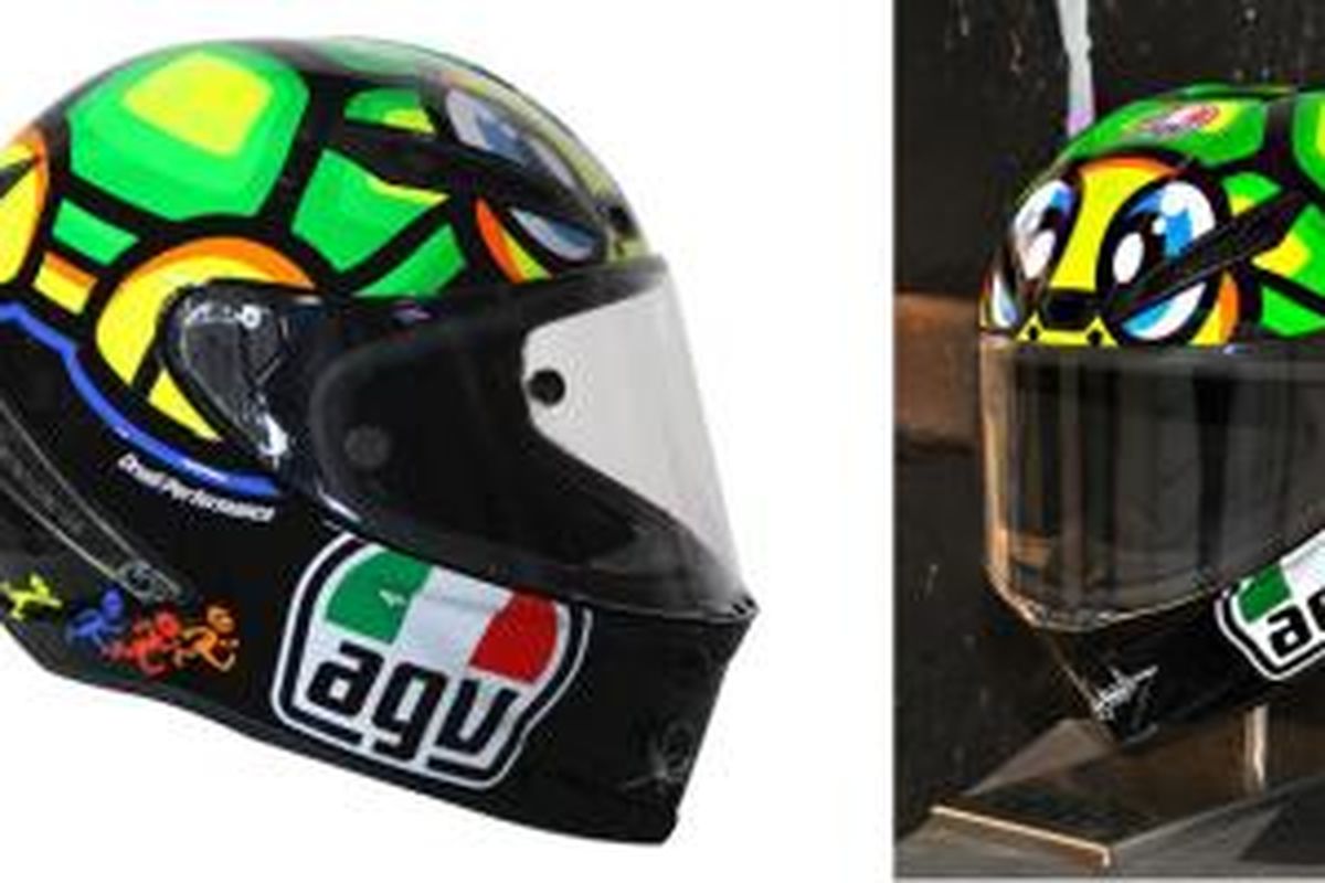 Helm AGV motif kura-kura seperti yang dipakai Valentino Rossi di Mugello 2013.