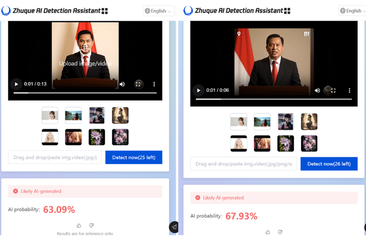 Tangkapan layar Zhuque AI Detection Assistant menunjukkan video pembentukan Badan Pengawas Judi Slot Indonesia memiliki probabilitas 63,09 persen dan 67,93 persen dihasilkan AI.
