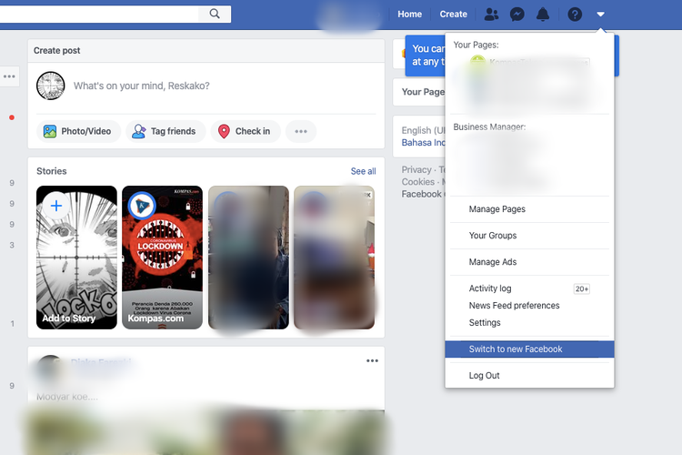 Menu untuk beralih ke tampilan baru Facebook (Switch to new Facebook).