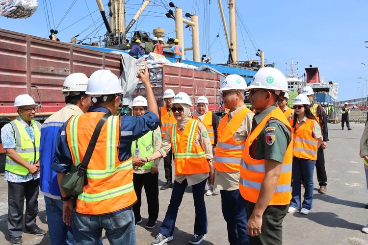 Direksi Bulog melakukan monitoring pembongkaran muatan Kapal MV. Hoang Phuong Lucky di Pelabuhan Tanjung Wangi, Bayuwangi, Jawa Timur, Kamis (17/10/2024).