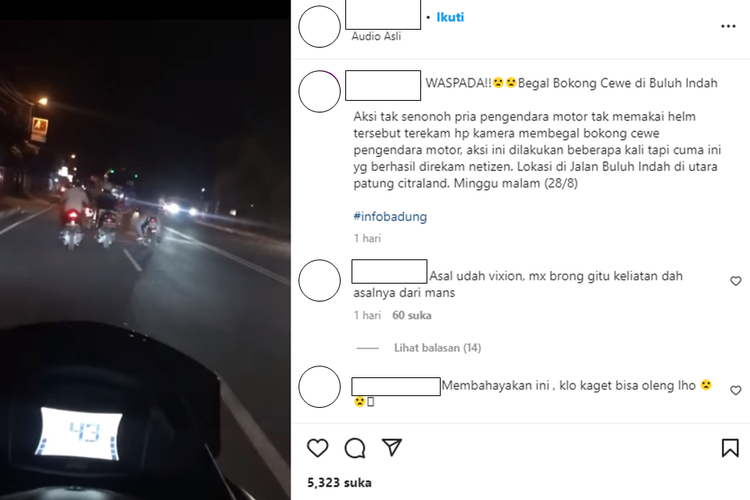 Tangkapan layar video viral yang merekam aksi diduga begal bokong wanita ketika berkendara menggunakan sepeda motor.