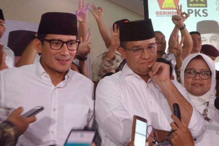 Pasangan Calon Gubernur dan Calon Wakil Gubernur DKI Jakarta nomor urut tiga, Anies Baswedan dan Sandiaga Uno di Kantor DPP Partai Gerindra, Ragunan, Jakarta Selatan, Rabu (15/2/2017).