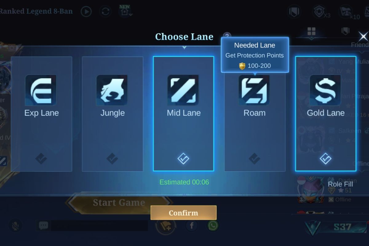 Tampilan fitur Lane Matchmaking di game Mobile Legends.