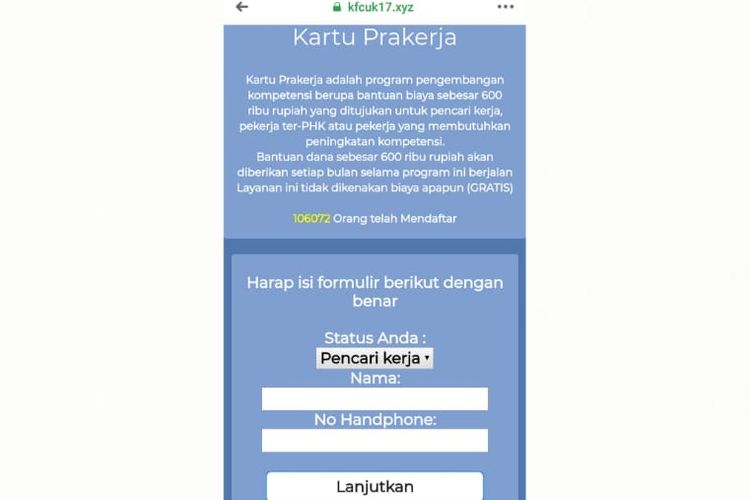 Tangkapan layar situs web mengatasnamakan program kartu prakerja. 