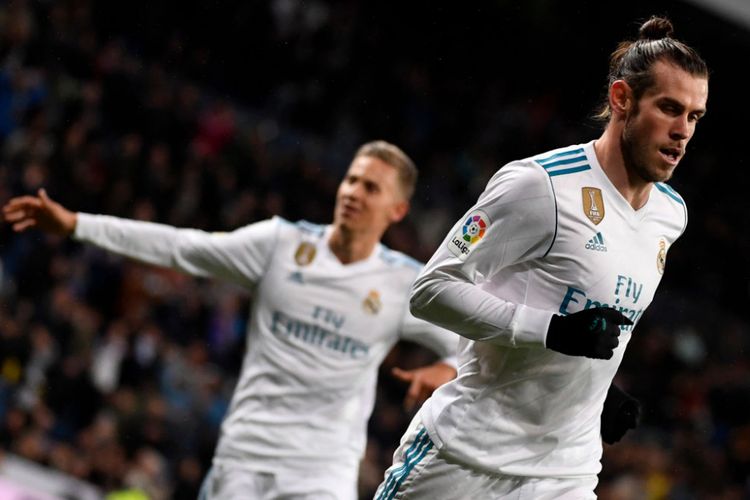 Gareth Bale merayakan gol Real Madrid ke gawang Getafe pada pertandingan Divisi Primera La Liga di Stadion Santiago Bernabeu, Sabtu (3/3/2018). 