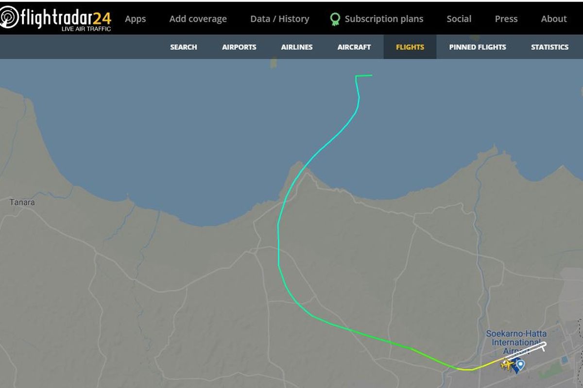 Rekaman penerbangan pesawat Sriwijaya Air SJ 182 yang terekam pada flightradar24.com.