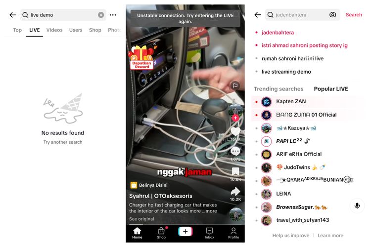 Tampilan video live TikTok yang tidak bisa diakses.(Kompas.com/BILL CLINTEN)