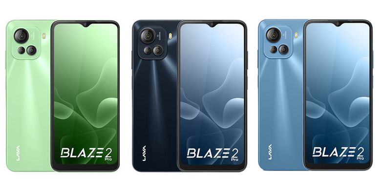Lava Blaze 2 Pro ditawarkan dalam warian warna Cool Green (kiri), Thunder Black (tengah), dan Swag Blue