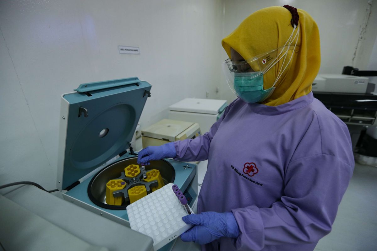 Petugas PMI melakukan uji kadar antibodi pada sampel darah calon pendonor plasma konvalesen di laboratorium Unit Donor Darah Pusat PMI, Jakarta Selatan, Rabu (14/7/2021). Stok plasma konvalesen sangat minim disebabkan minimnya jumlah penyitas Covid-19 yang mendonorkan plasma.