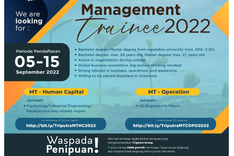 Triputra Group membuka lowongan kerja Management Trainee 2022 bagi lulusan S1/S2.