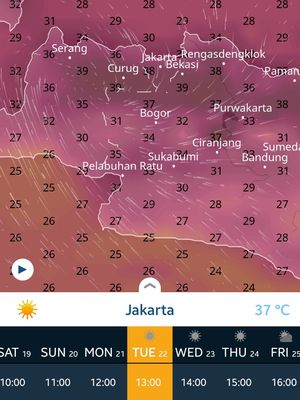 Ilustrasi tampilan aplikasi Ventusky dengan cuaca Jakarta siang ini 37 derajat Celsius