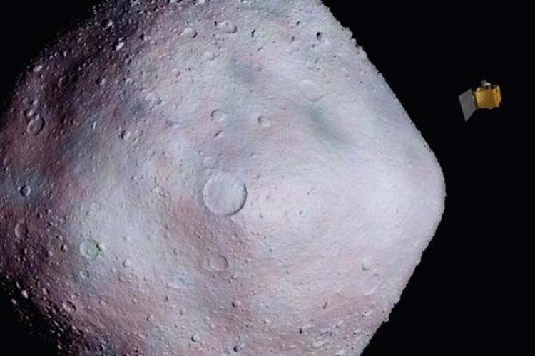Ilustrasi asteroid Bennu dengan wahana antariksa OSIRIS-REx.