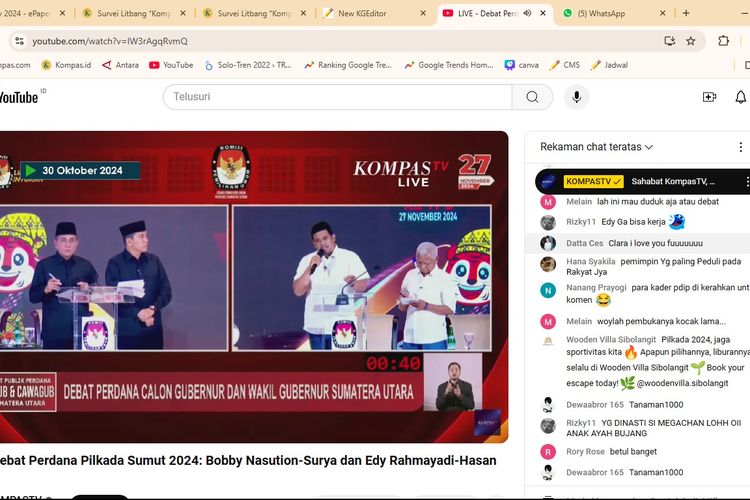 Debat Calon gubernur-wakil gubernur Sumatera Utara nomor urut 1 Bobby Nasution-Surya (kanan) dan cagub-cawagub Sumut nomor urut 2 Edy Rahmayadi-Hasan Basri Sagala (kiri) 