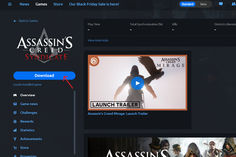 Cari Assassin's Creed Syndicate lewat kolom pencarian, kemudian klik tombol Download untuk mengunduh game. Pengguna membutuhkan ruang penyimpanan PC sebesar 46 GB