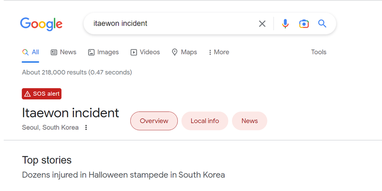 Tangkapan layar alam Google menandai tragedi Halloween Itaewon sebagai kejadian darurat.