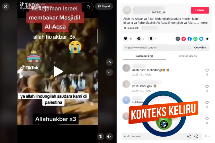 Tangkapan layar konten dengan konteks keliru di sebuah akun Facebook, soal pohon terbakar dekat masjid Al-Aqsa.