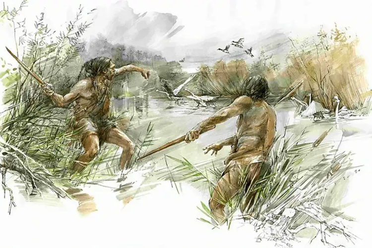 Ilustrasi manusia purba berburu dengan menggunakan senjata berupa tongkat yang dilempar

