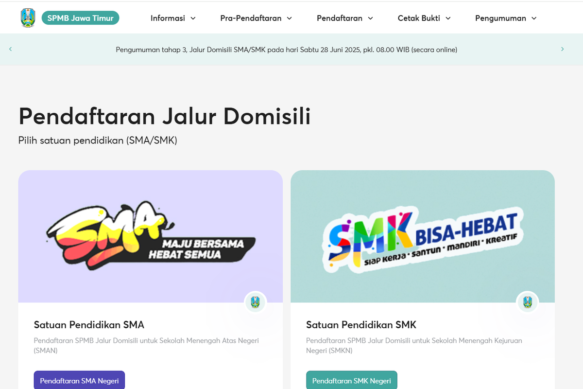 Tangakapan layar laman pendaftaran SPMB Jatim 2025 jalur Domisili untuk SMA dan SMK
