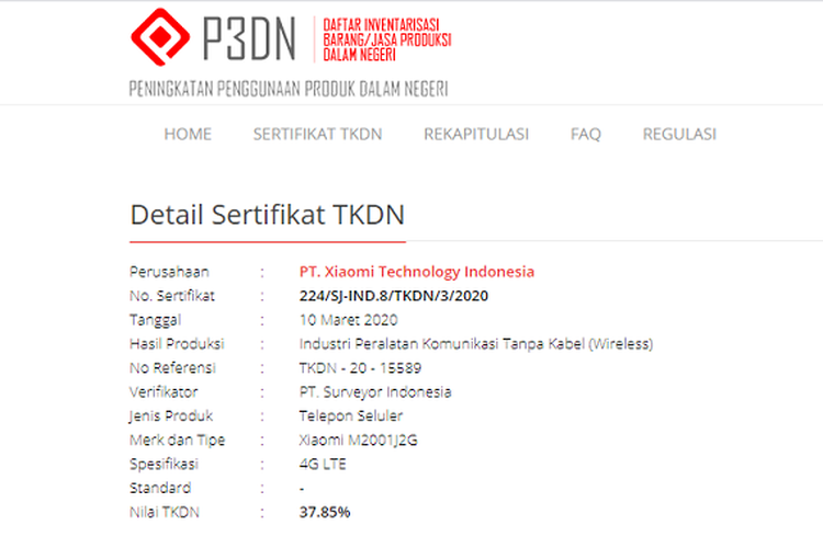 Tangkapan layar sertifikasi Mi 10 di laman TKDN Kementerian Perindustrian.