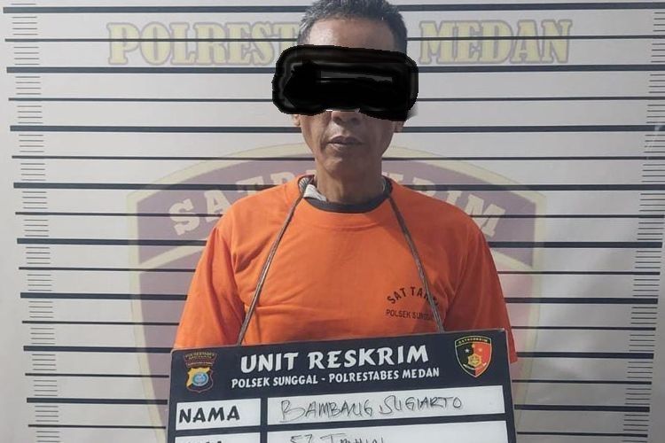 Bambang Sugiarto (57), tersangka penganiayaan pegawai Cabang Kejaksaan Negeri (Cabjari) Labuhan Deli, inisial BO, ditangkap di Jalan Murni, Kota Medan pada Jumat (23/8/2024)