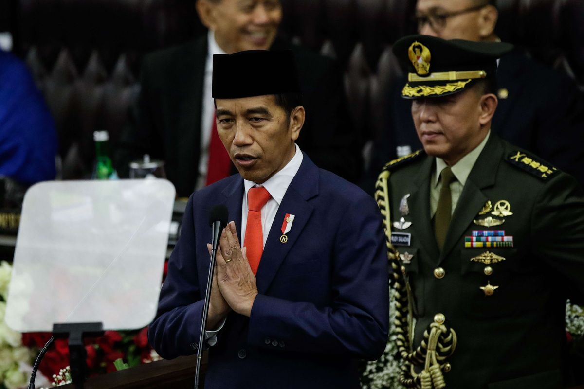 Joko Widodo memberikan pidato saat pelantikan Presiden dan Wakil Presiden RI di Gedung DPR/MPR, Jakarta, Minggu (20/10/2019). Jokowi dan Maruf Amin sebagai Presiden dan Wakil Presiden masa jabatan 2019-2024.