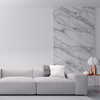 Ilustrasi ruang keluarga dengan dinding batu alam atau marmer, Ilustrasi ruang keluarga bernuasa abu-abu.
