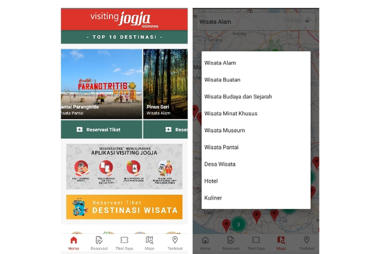Tangkapan layar aplikasi Visiting Jogja yang bisa diunduh oleh calon wisatawan sebelum berlibur ke Yogyakarta, Selasa (7/7/2020).