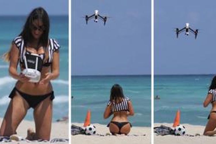 Claudia Romani melakukan selfie menggunakan drone.