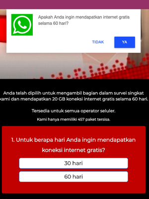 Tampilan situs penipuan dari link yang ada di pesan internet gratis 20 GB selama 60 hari yang beredar WhatsApp. Pesan ini dipastikan hoaks alias informasi palsu.