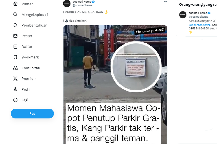 Tangkapan layar unggahan yang memuat aksi seorang laki-laki melepas kertas penutup penutup papan parkir gratis di depan minimarket.
