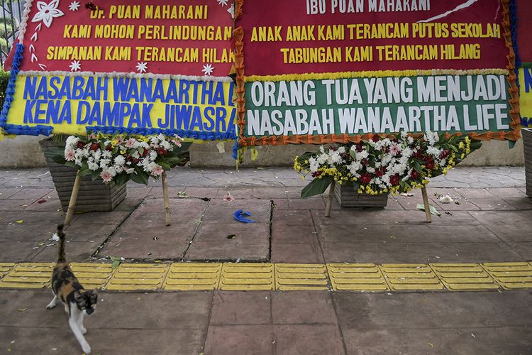 Seekor kucing melintasi karangan bunga di Pengadilan Tipikor, Jakarta, Rabu (3/6/2020). Karangan bunga tersebut berasal dari korban terdampak kasus asuransi Jiwasraya yang mengharapkan lembaga terkait untuk memberikan keadilan bagi mereka.