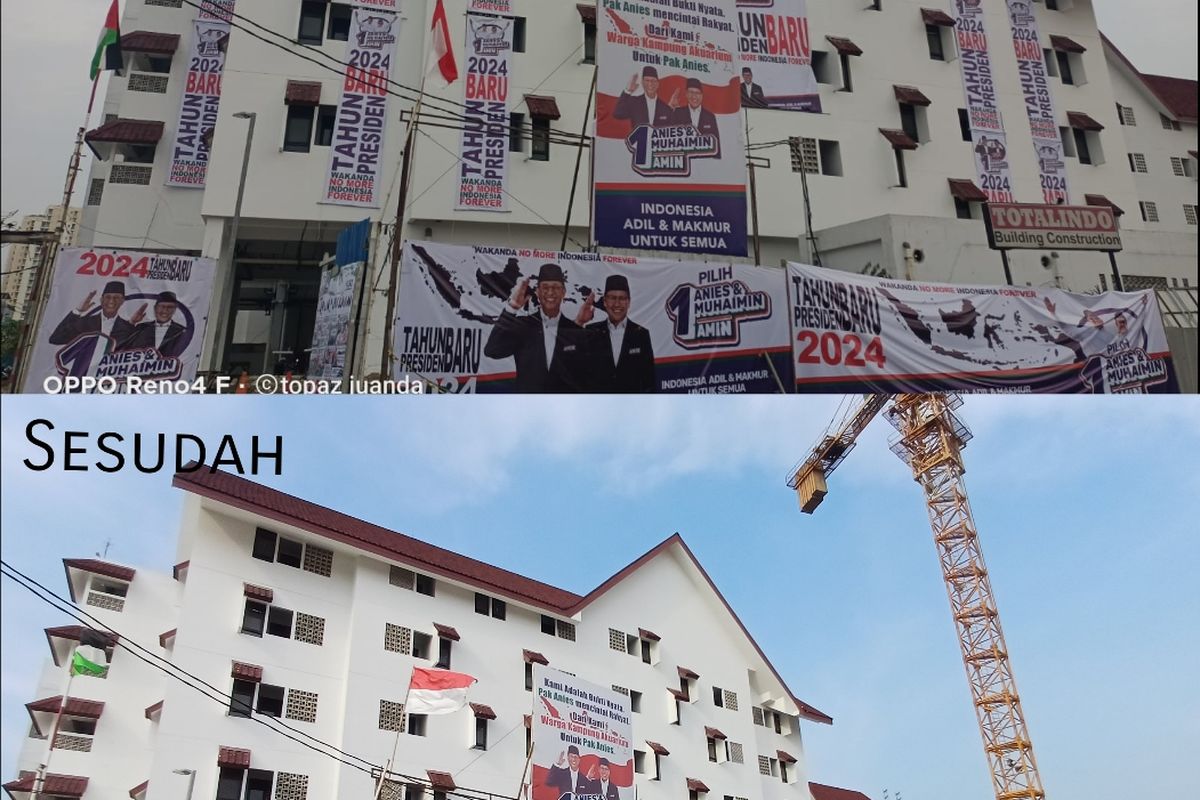 Penampakan sebelum dan sesudah penurunan spanduk bergambar Anies Baswedan dan Muhaimin Iskandar di Gedung Blok A Kampung Susun Akuarium, Penjaringan, Jakarta Utara. 
