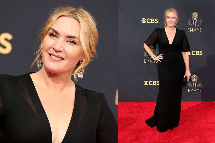 Kate Winslet berpose saat tiba di karpet merah gelaran Emmy Awards 2021 di LA Microsoft Theater, Los Angeles, Amerika Serikat, Minggu (19/9/2021) waktu setempat. Berbeda dengan tahun sebelumnya yang digelar melalui Zoom karena pandemi Covid-19, malam penghargaan Emmy Awards ke-73 pada tahun ini digelar tatap muka namun dengan tamu terbatas.