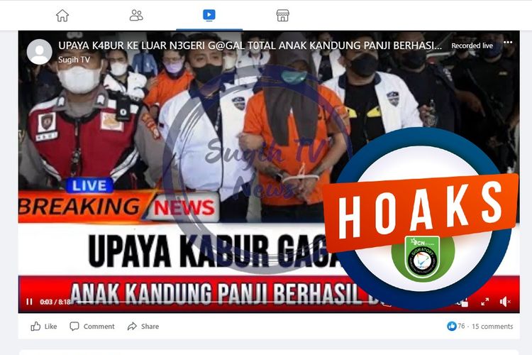 Tangkapan layar Facebook narasi yang menyebut anak Panji Gumilang ditangkap aparat karena mencoba kabur ke luar negeri