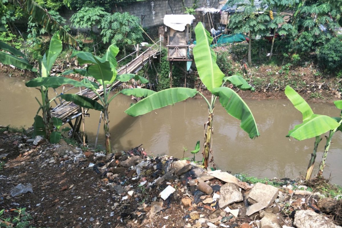 Sungai yang mengitari lahan kosong milik pemerintah di RT 014 RW 004 Kelurahan Cilandak Barat, Lebak Bulus, Jakarta Selatan, Jumat (16/6/2018).