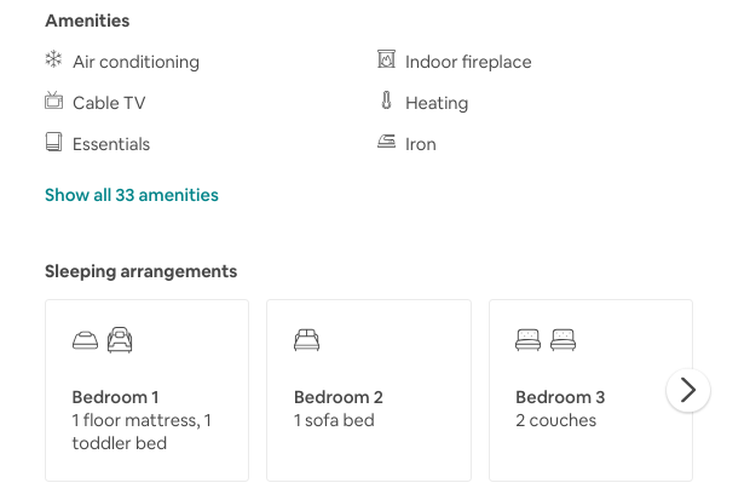 Contoh rincian fasilitas dan bentuk tempat tidur dalam rumah sewaan di Airbnb