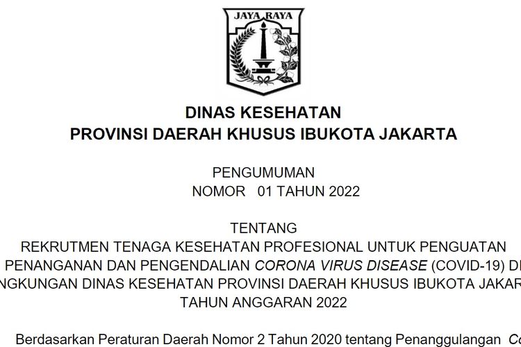 Dinkes DKI Jakarta sedang membuka lowongan kerja bagi lulusan D3, D4, dan S1.