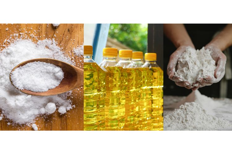 Ilustrasi produk fortifikasi pangan wajib, seperti garam, minyak goreng sawit, tepung terigu. 