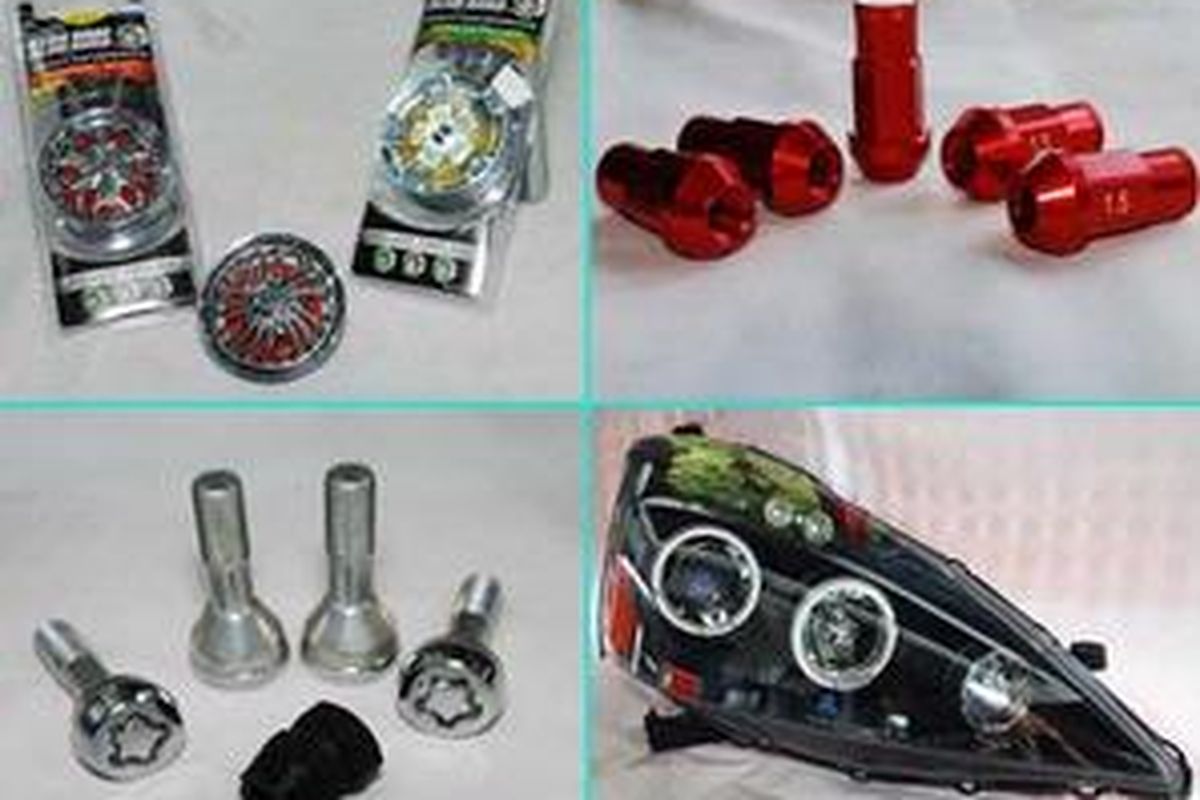 Arah jarum jam dari kiri atas: Pewangi mobil, baut roda Super GT, lampu porjector Honda Jazz dan baut anti-maling