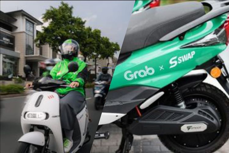 Motor listrik Gojek berjenis Gogoro (kiri) dan motor listrik Grab berjenis Swap Tempur (kanan).