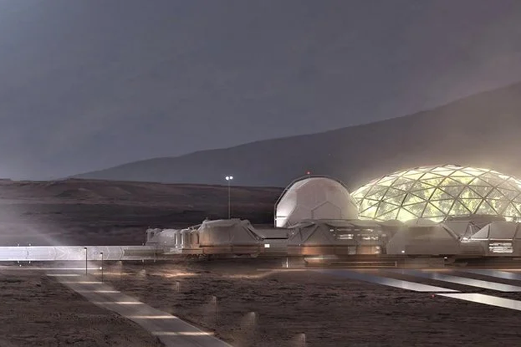 Ilustrasi kota di Mars. Konsep SpaceX tentang kehidupan di planet Mars.