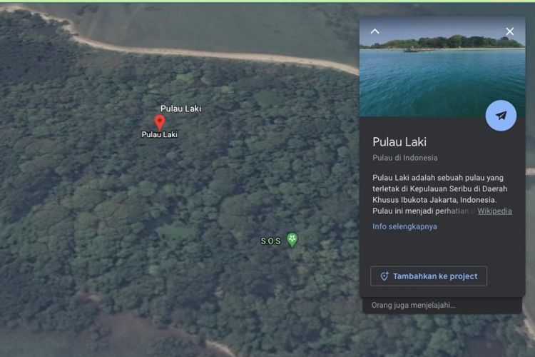 Tangkapan layar titik S.O.S di Pulau Laki yang terlihat di Google Maps