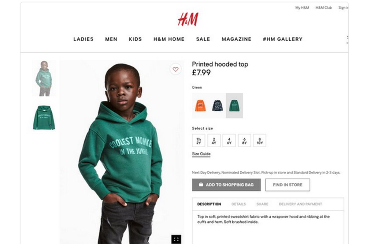 Ritel busana H&M meminta maaf karena mengunggah iklan daring yang menampilkan seorang anak berkulit hitam sebagai model sweater dengan tulisan di dada, ?Coolest Monkey in the Jungle?.