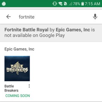 Peringantan yang dimunculkan Google Play Store ketika pengguna mencari game Fortnite. 